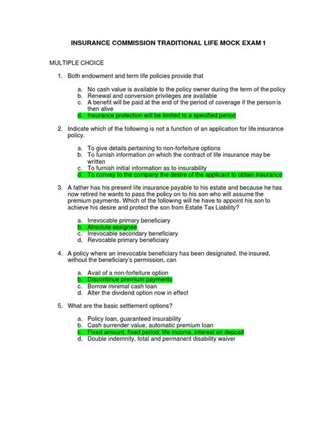 INSURANCE COMMISSION TRADITIONAL LIFE MOCK EXAM 1.